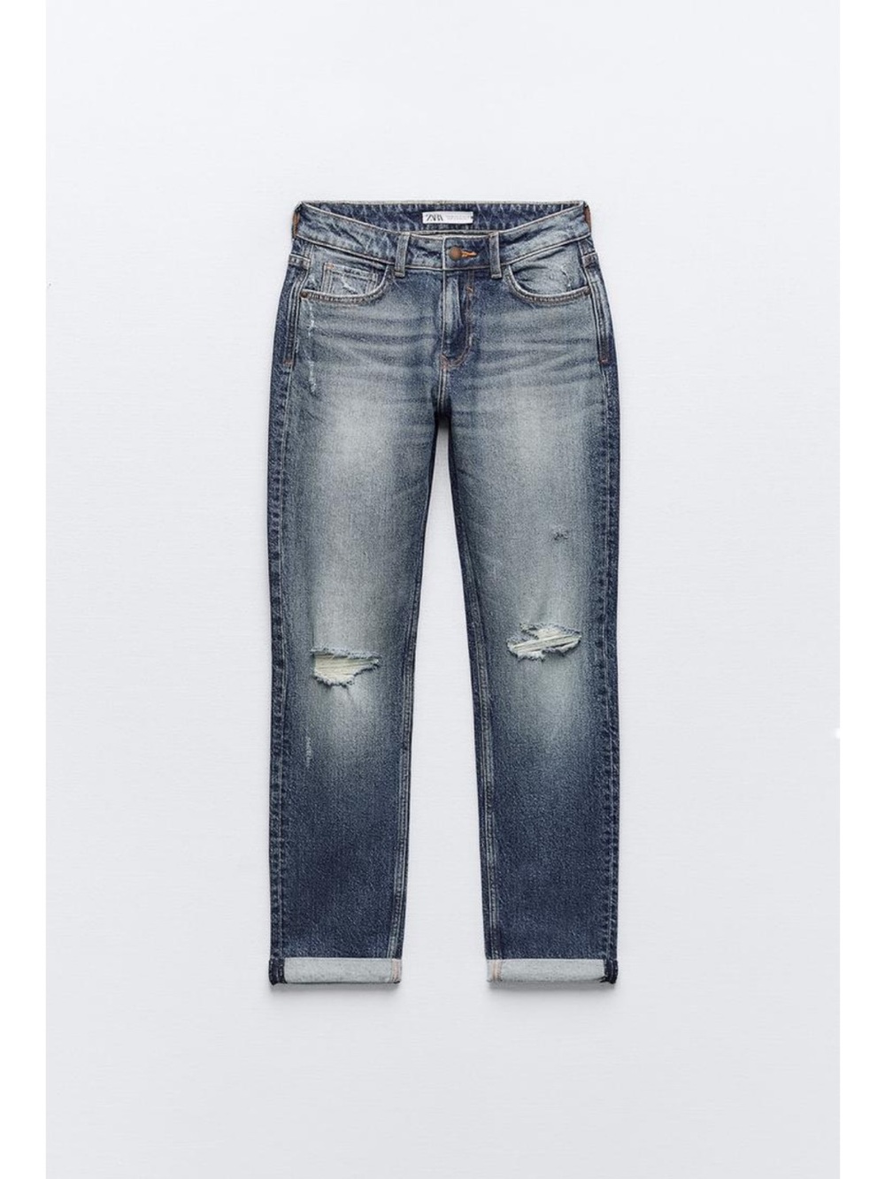 Zara Washed Light Blue Distressed Boyfriend Jeans